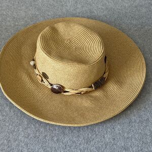 Sun Cruise Hat Cappelli Straworld Wide Brim Beaded Shell Band Paper Straw EUC